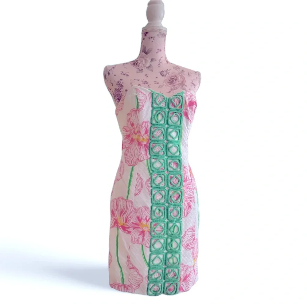 Lilly Pulitzer Pink Floral Strapless Dress with Green Crochet Trim - Picture 3 of 4